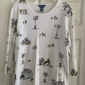 Koret White Long Sleeve Top with Black and yellow Scenic cafe Sketches